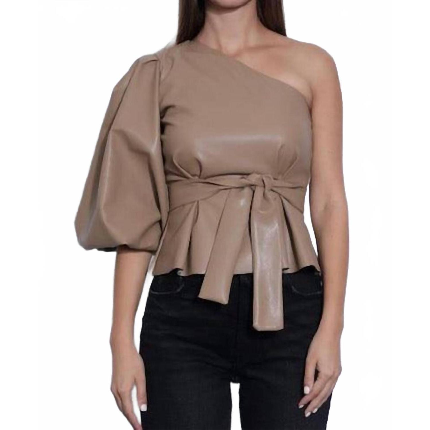 New Karina Grimaldi Faux Leather One Shoulder Top In Tan